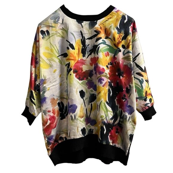 Sioni Sweater Womens 1X Colorful Floral Satin Panel Front Black Knit Pullover - Picture 1 of 10